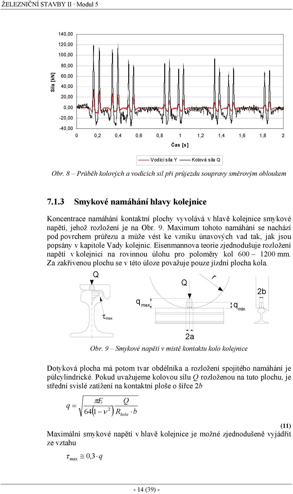 3 Smykové namáhání hlavy kolejnice Koncentrace namáhání kontaktní plochy vyvolává v hlavě kolejnice smykové napětí, jehož rozložení je na Obr. 9.
