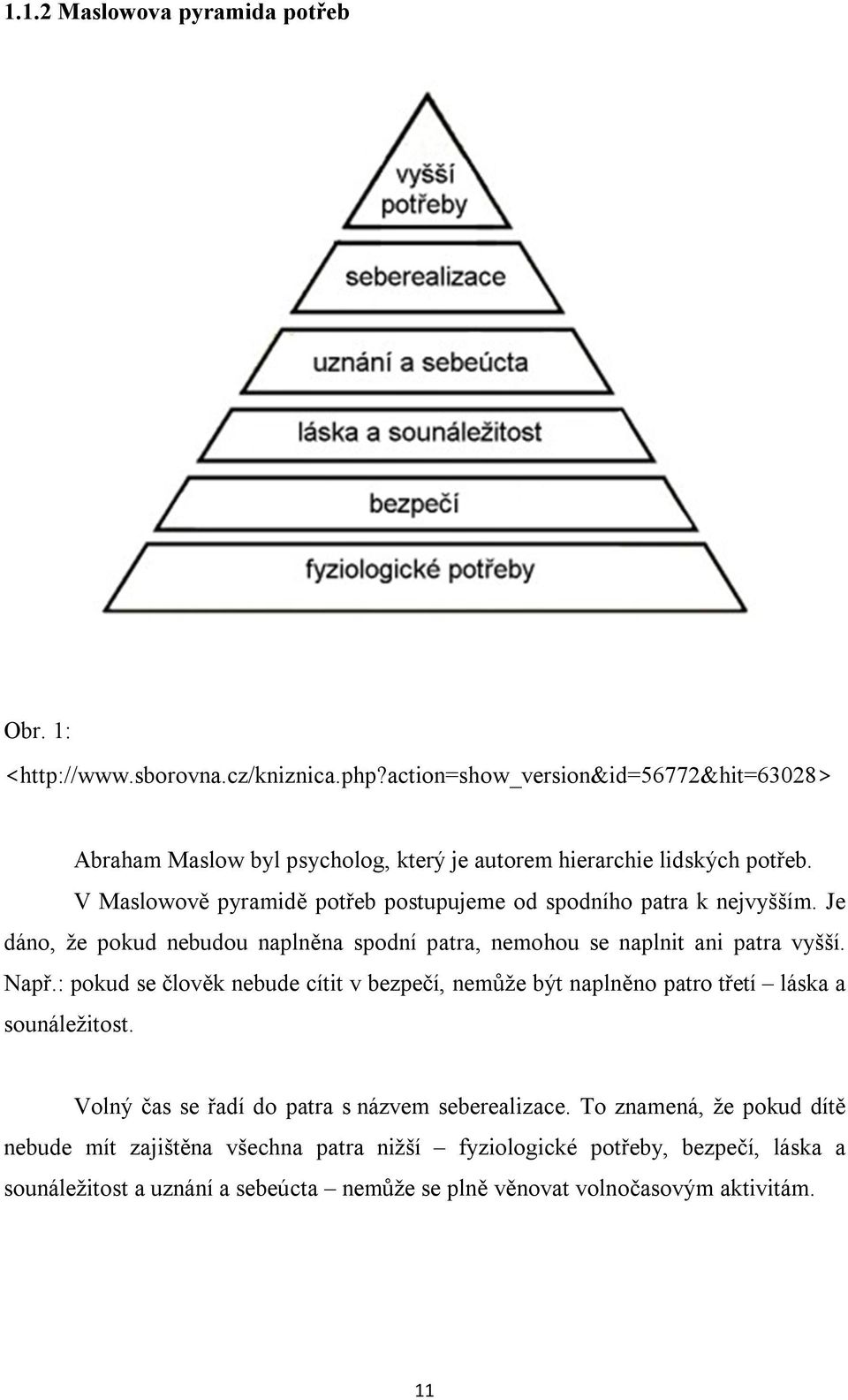 V Maslowově pyramidě potřeb postupujeme od spodního patra k nejvyšším. Je dáno, že pokud nebudou naplněna spodní patra, nemohou se naplnit ani patra vyšší. Např.