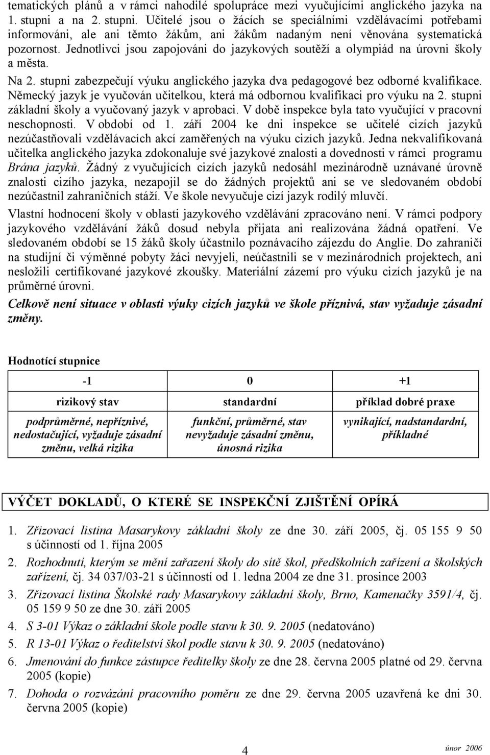 Jednotlivci jsou zapojováni do jazykových soutěží a olympiád na úrovni školy a města. Na 2. stupni zabezpečují výuku anglického jazyka dva pedagogové bez odborné kvalifikace.