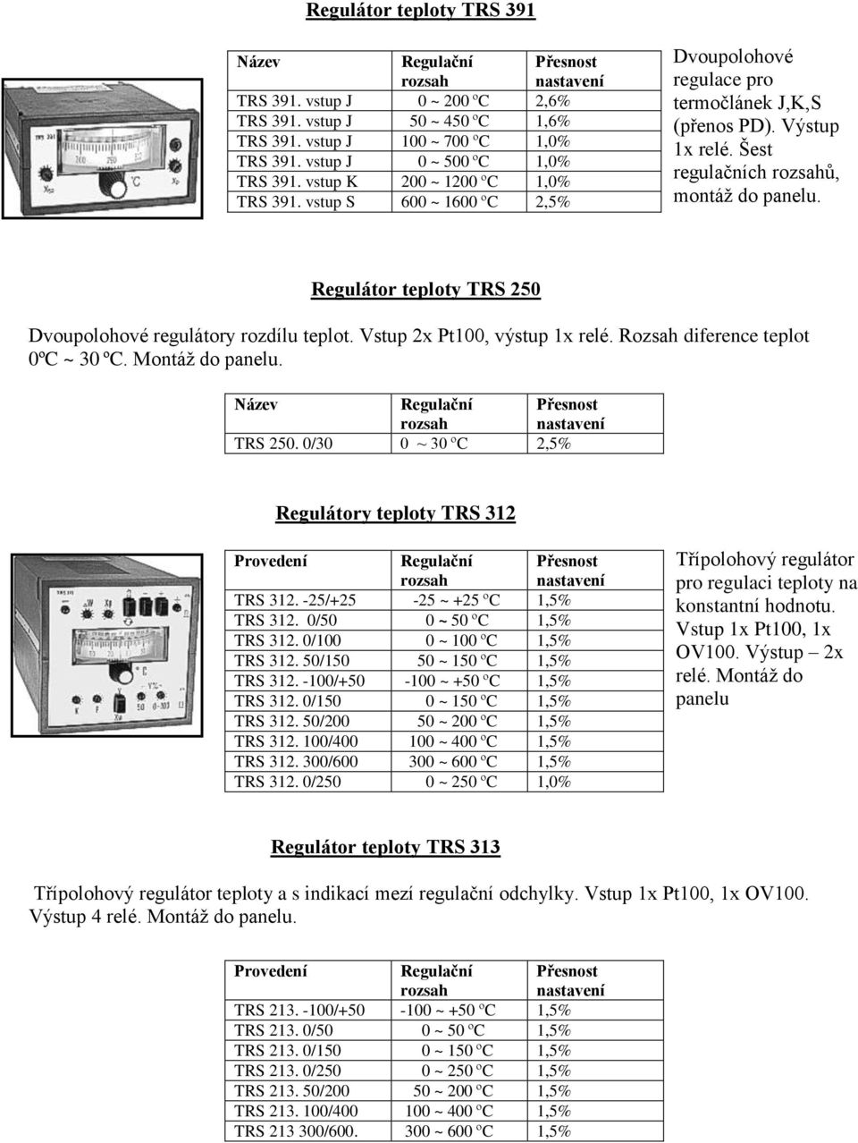 Regulátor teploty TRS 250 Dvoupolohové regulátory rozdílu teplot. Vstup 2x Pt100, výstup 1x relé. Rozsah diference teplot 0ºC ~ 30 ºC. Montáž do panelu. Regulační Přesnost rozsah TRS 250.