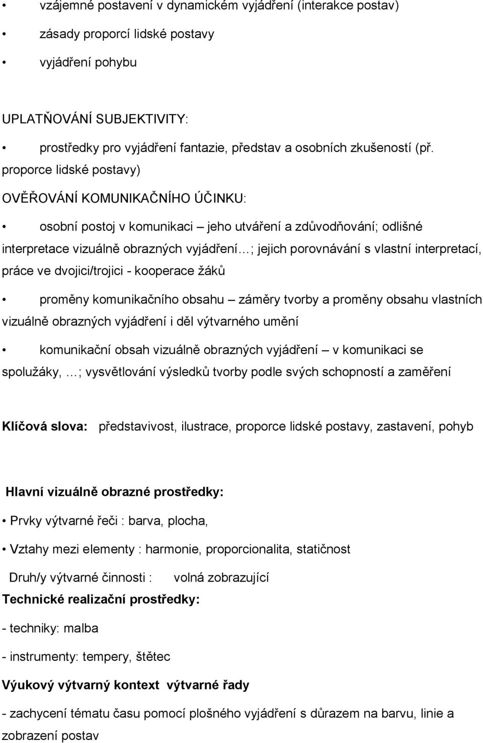 proporce lidské postavy) OVĚŘOVÁNÍ KOMUNIKAČNÍHO ÚČINKU: osobní postoj v komunikaci jeho utváření a zdůvodňování; odlišné interpretace vizuálně obrazných vyjádření ; jejich porovnávání s vlastní