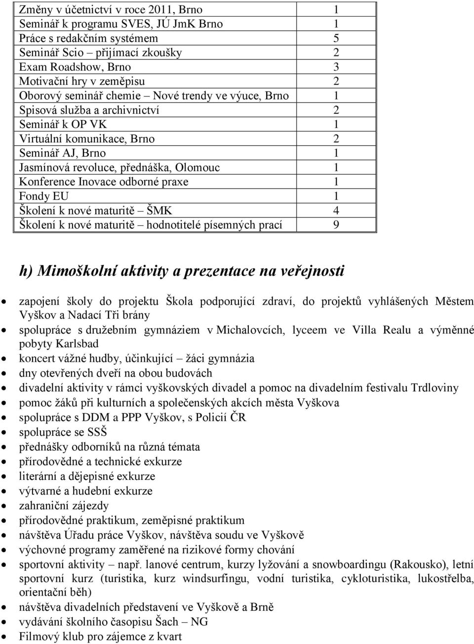 Inovace odborné praxe 1 Fondy EU 1 Školení k nové maturitě ŠMK 4 Školení k nové maturitě hodnotitelé písemných prací 9 h) Mimoškolní aktivity a prezentace na veřejnosti zapojení školy do projektu