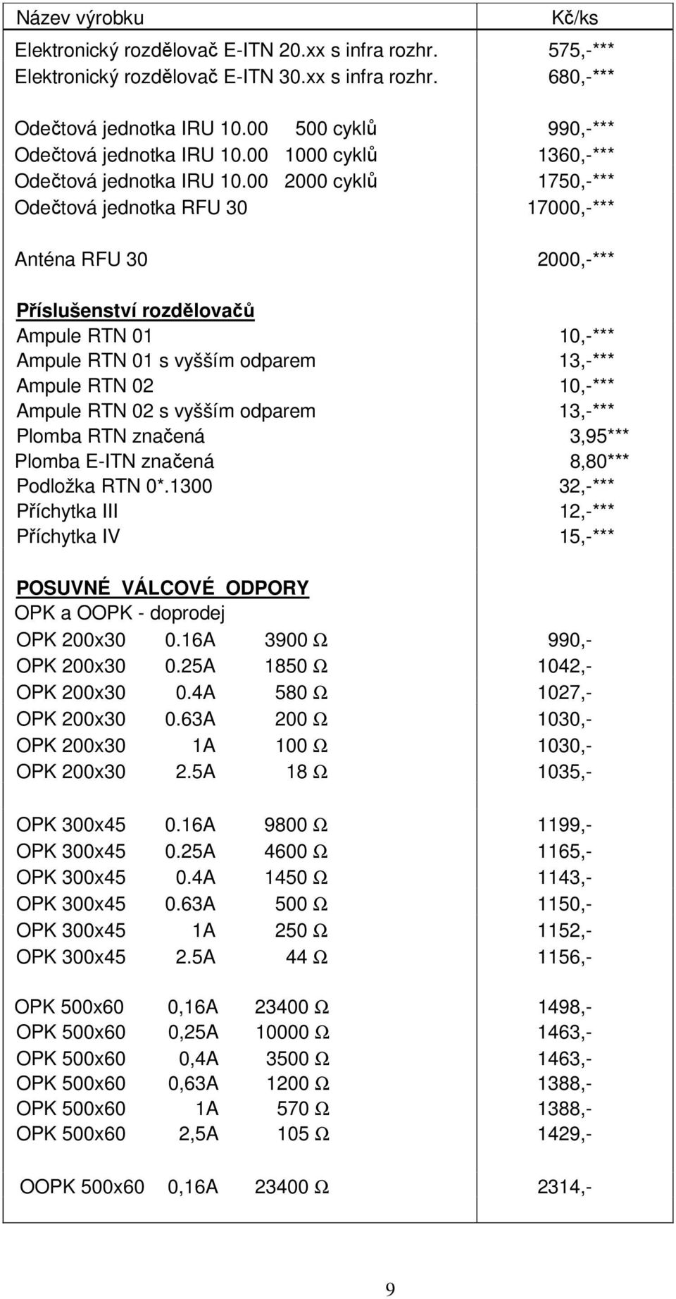 00 2000 cyklů 1750,-*** Odečtová jednotka RFU 30 17000,-*** Anténa RFU 30 2000,-*** Příslušenství rozdělovačů Ampule RTN 01 10,-*** Ampule RTN 01 s vyšším odparem 13,-*** Ampule RTN 02 10,-*** Ampule