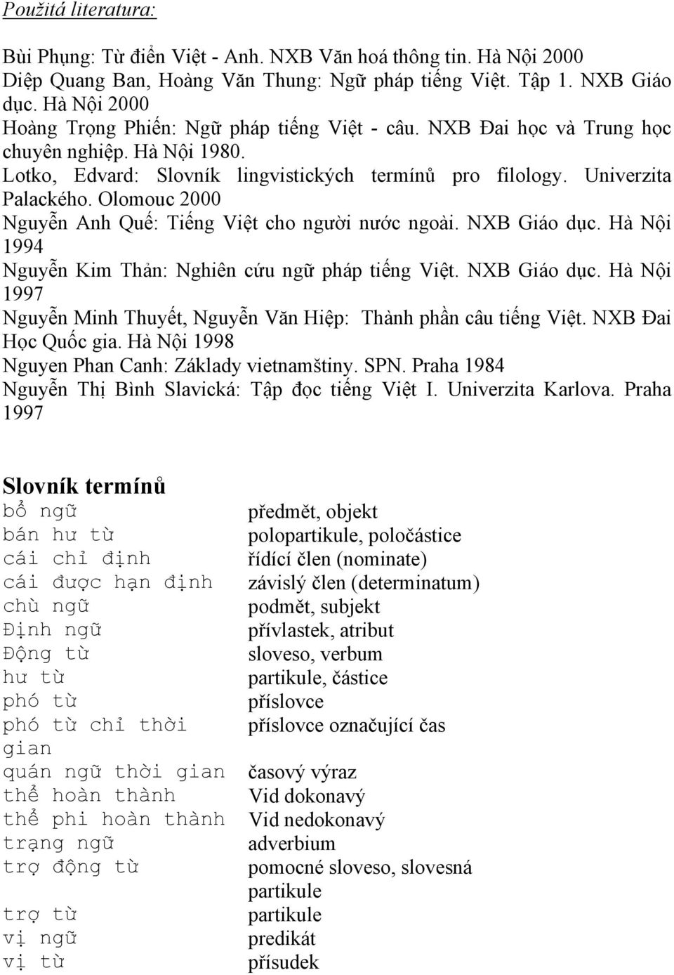 Olomouc 2000 Nguyễn Anh Quế: Tiếng Việt cho người nước ngoài. NXB Giáo dục. Hà Nội 1994 Nguyễn Kim Thản: Nghiên cứu ngữ pháp tiếng Việt. NXB Giáo dục. Hà Nội 1997 Nguyễn Minh Thuyết, Nguyễn Văn Hiệp: Thành phần câu tiếng Việt.