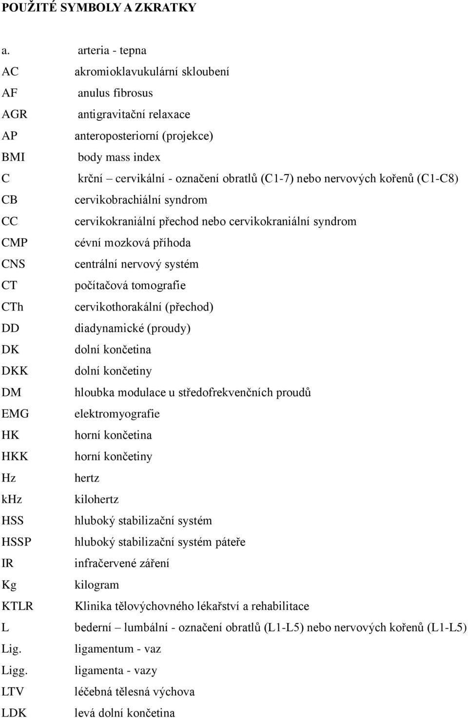 nervových kořenů (C1-C8) CB cervikobrachiální syndrom CC cervikokraniální přechod nebo cervikokraniální syndrom CMP cévní mozková příhoda CNS centrální nervový systém CT počítačová tomografie CTh