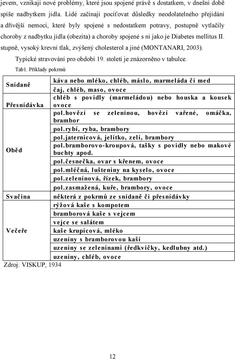 jako je Diabetes mellitus II. stupně, vysoký krevní tlak, zvýšený cholesterol a jiné (MONTANARI, 2003). Typické stravování pro období 19. století je znázorněno v tabulce. Tab1.