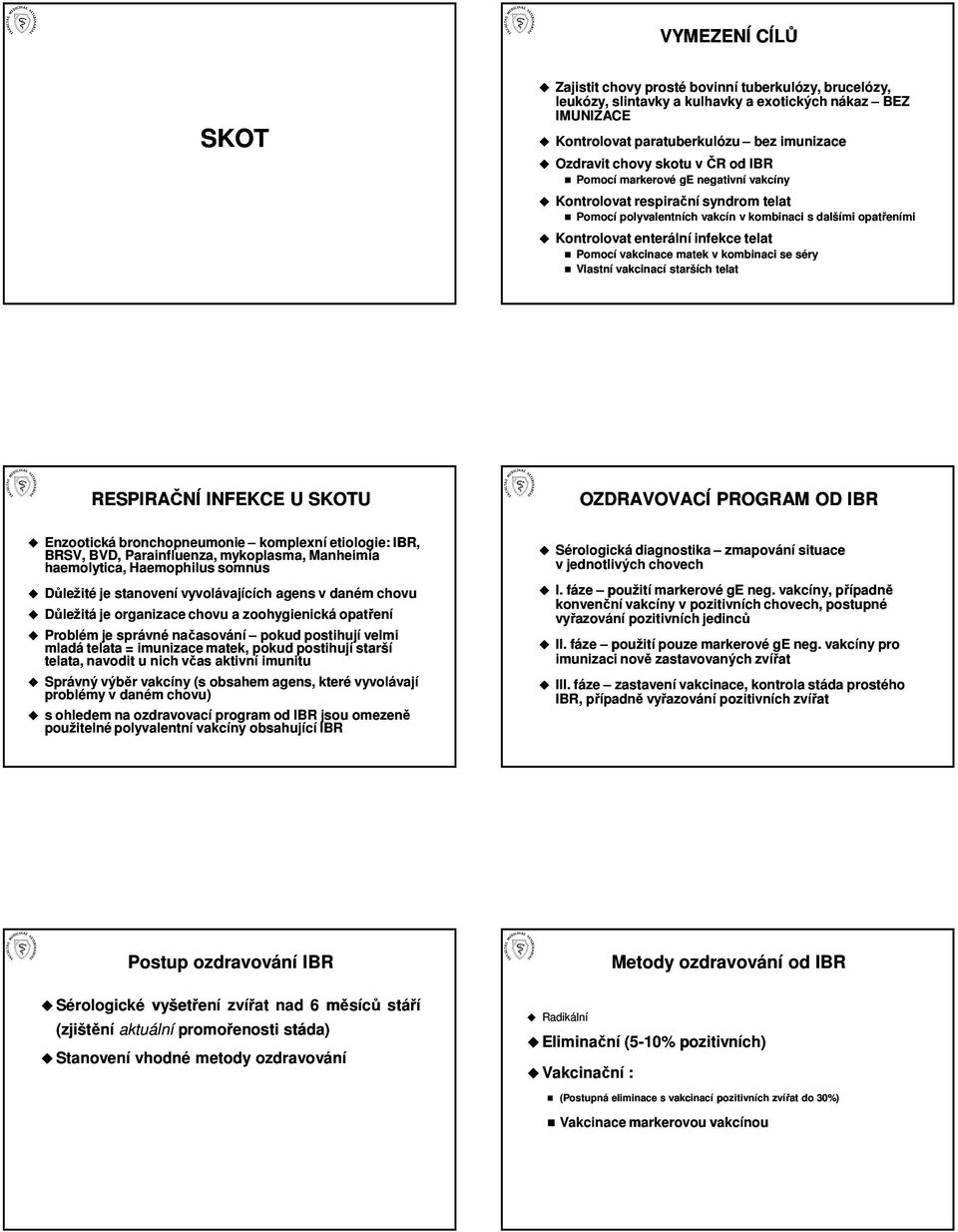 vakcinace matek v kombinaci se séry Vlastní vakcinací starších telat RESPIRAČNÍ INFEKCE U SKOTU Enzootická bronchopneumonie komplexní etiologie: IBR, BRSV, BVD, Parainfluenza, mykoplasma, Manheimia