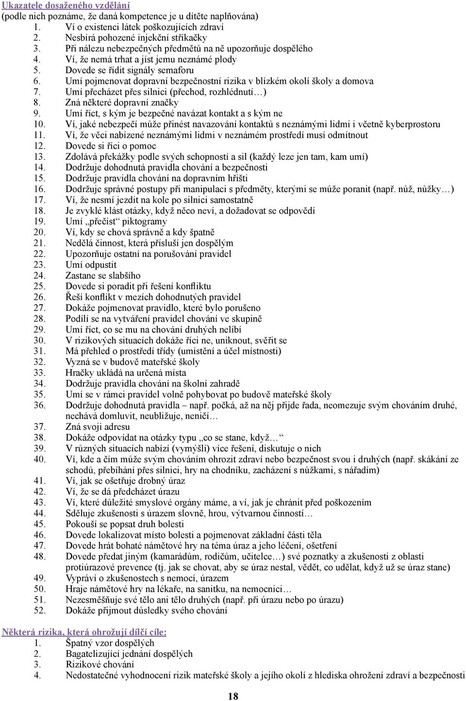 Umí pojmenovat dopravní bezpečnostní rizika v blízkém okolí školy a domova 7. Umí přecházet přes silnici (přechod, rozhlédnutí ) 8. Zná některé dopravní značky 9.