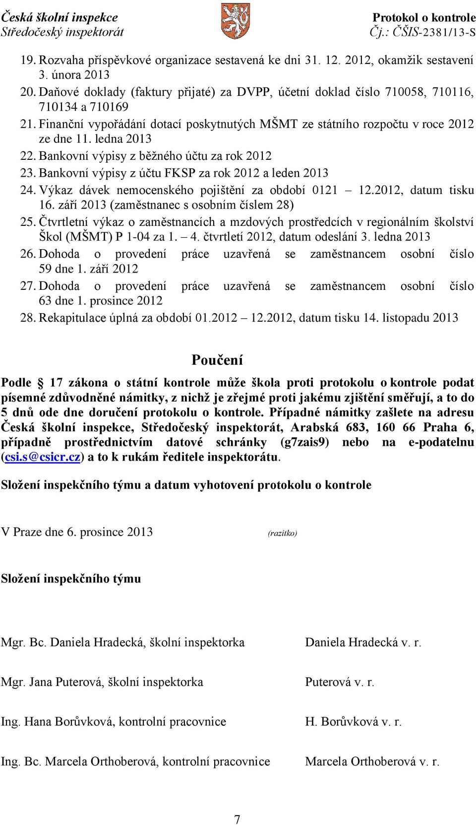 Bankovní výpisy z účtu FKSP za rok 2012 a leden 2013 24. Výkaz dávek nemocenského pojištění za období 0121 12.2012, datum tisku 16. září 2013 (zaměstnanec s osobním číslem 28) 25.