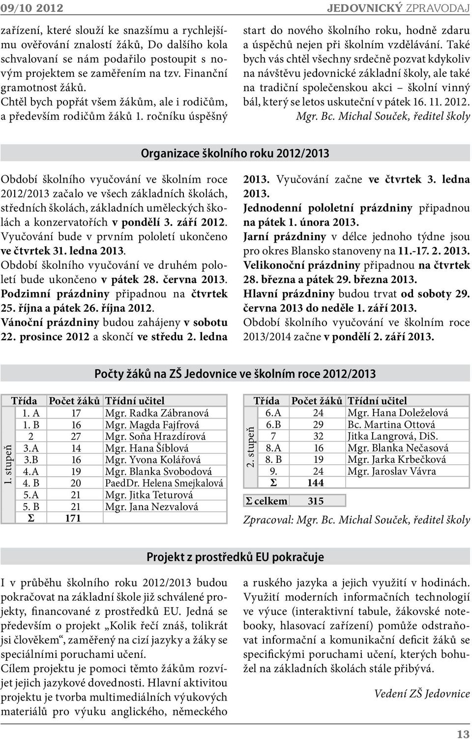 ročníku úspěšný JEDOVNICKÝ ZPRAVODAJ start do nového školního roku, hodně zdaru a úspěchů nejen při školním vzdělávání.