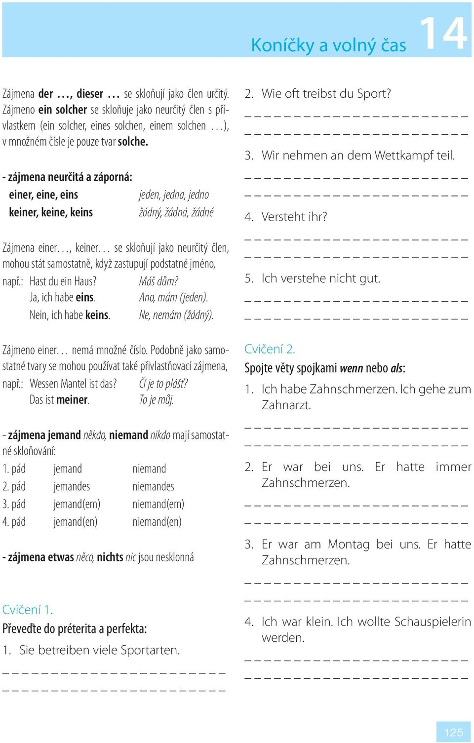 - zájmena neurčitá a záporná: einer, eine, eins jeden, jedna, jedno keiner, keine, keins žádný, žádná, žádné Zájmena einer, keiner se skloňují jako neurčitý člen, mohou stát samostatně, když