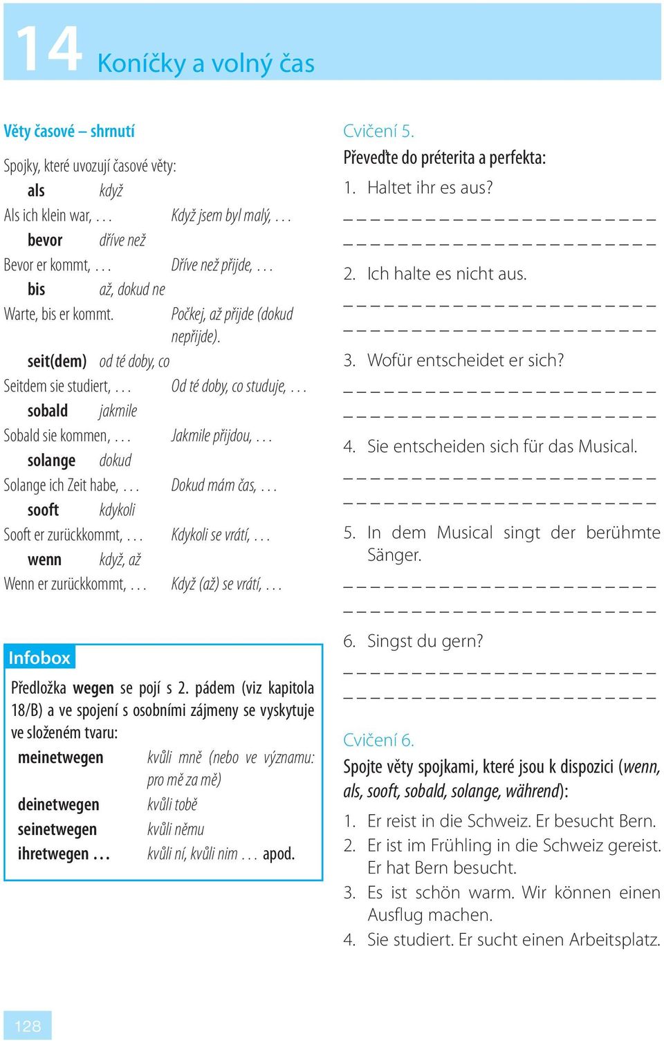 seit(dem) od té doby, co Seitdem sie studiert, Od té doby, co studuje, sobald jakmile Sobald sie kommen, Jakmile přijdou, solange dokud Solange ich Zeit habe, Dokud mám čas, sooft kdykoli Sooft er