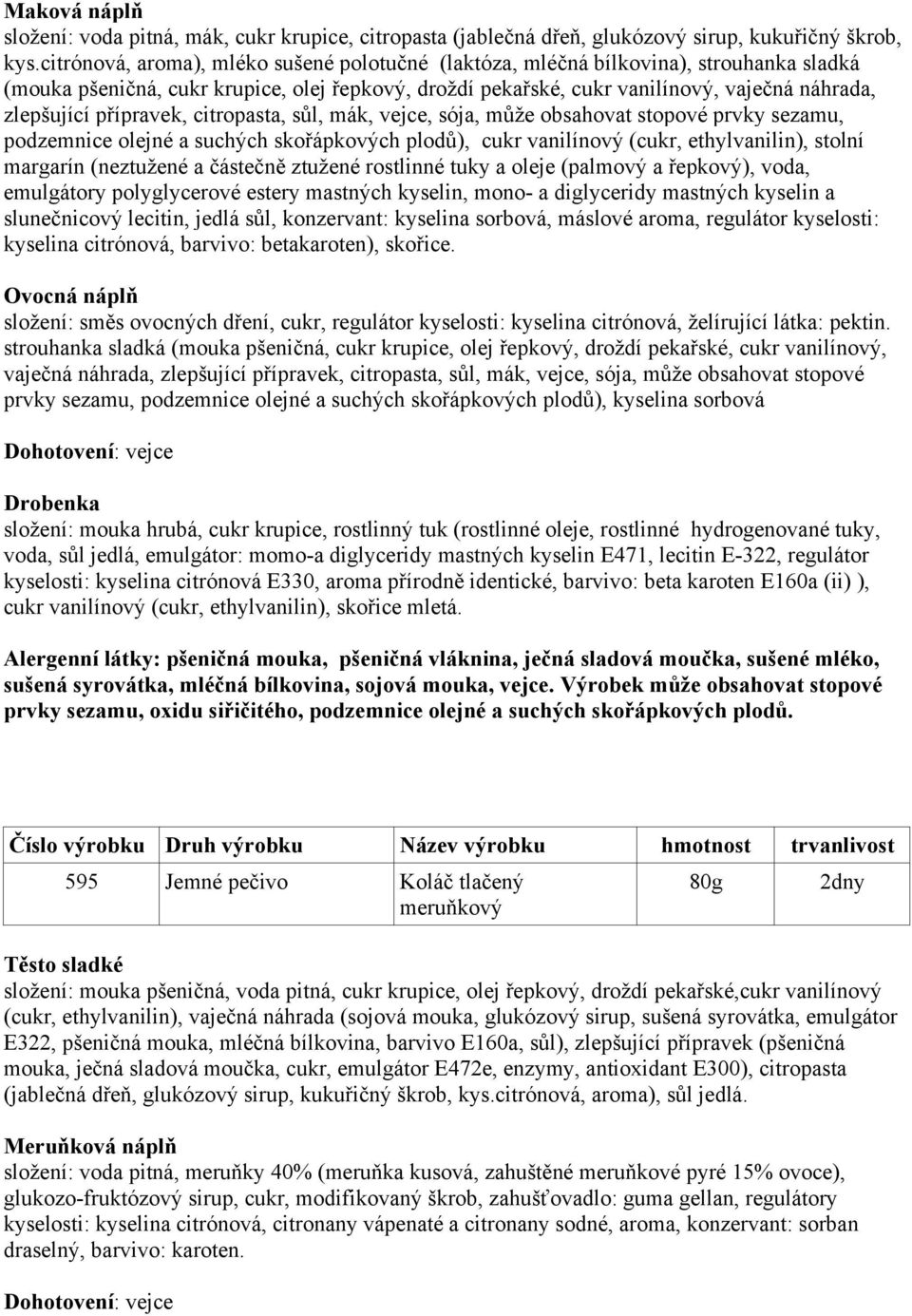 přípravek, citropasta, sůl, mák, vejce, sója, může obsahovat stopové prvky sezamu, podzemnice olejné a suchých skořápkových plodů), cukr vanilínový (cukr, ethylvanilin), stolní margarín (neztužené a