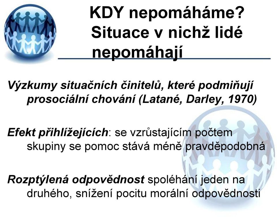 prosociální chování (Latané, Darley, 1970) Efekt přihlížejících: se