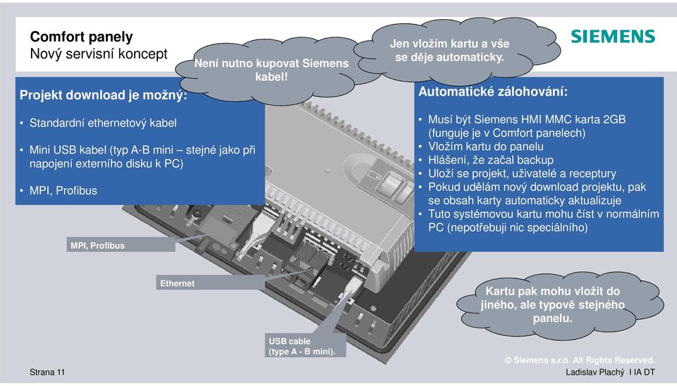 HMI MMC karta 2GB (funguje je v Comfort panelech) Vložím kartu do panelu Hlášení, že začal backup Uloží se projekt, uživatelé a receptury Pokud udělám nový download projektu,