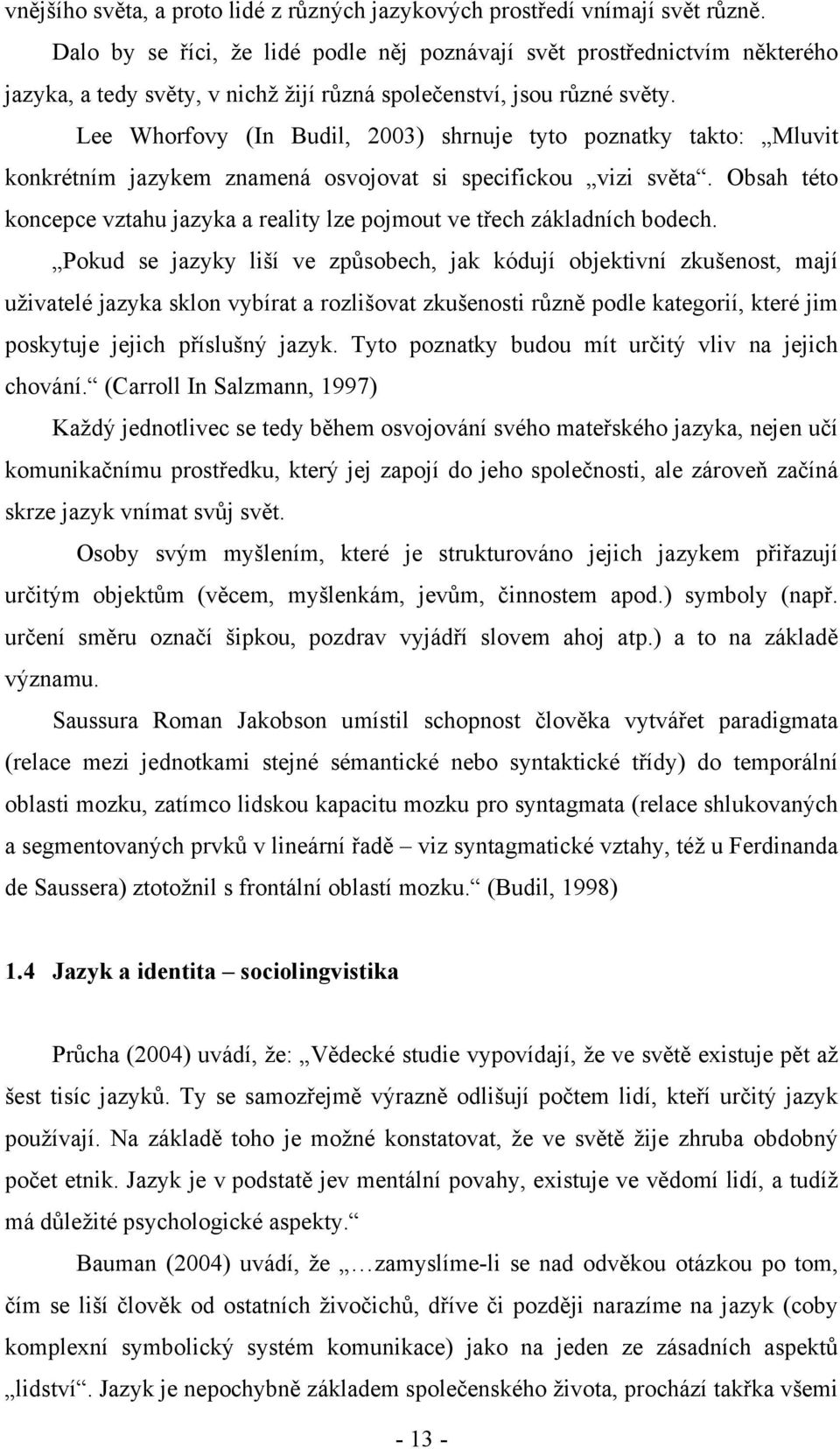 Lee Whorfovy (In Budil, 2003) shrnuje tyto poznatky takto: Mluvit konkrétním jazykem znamená osvojovat si specifickou vizi světa.