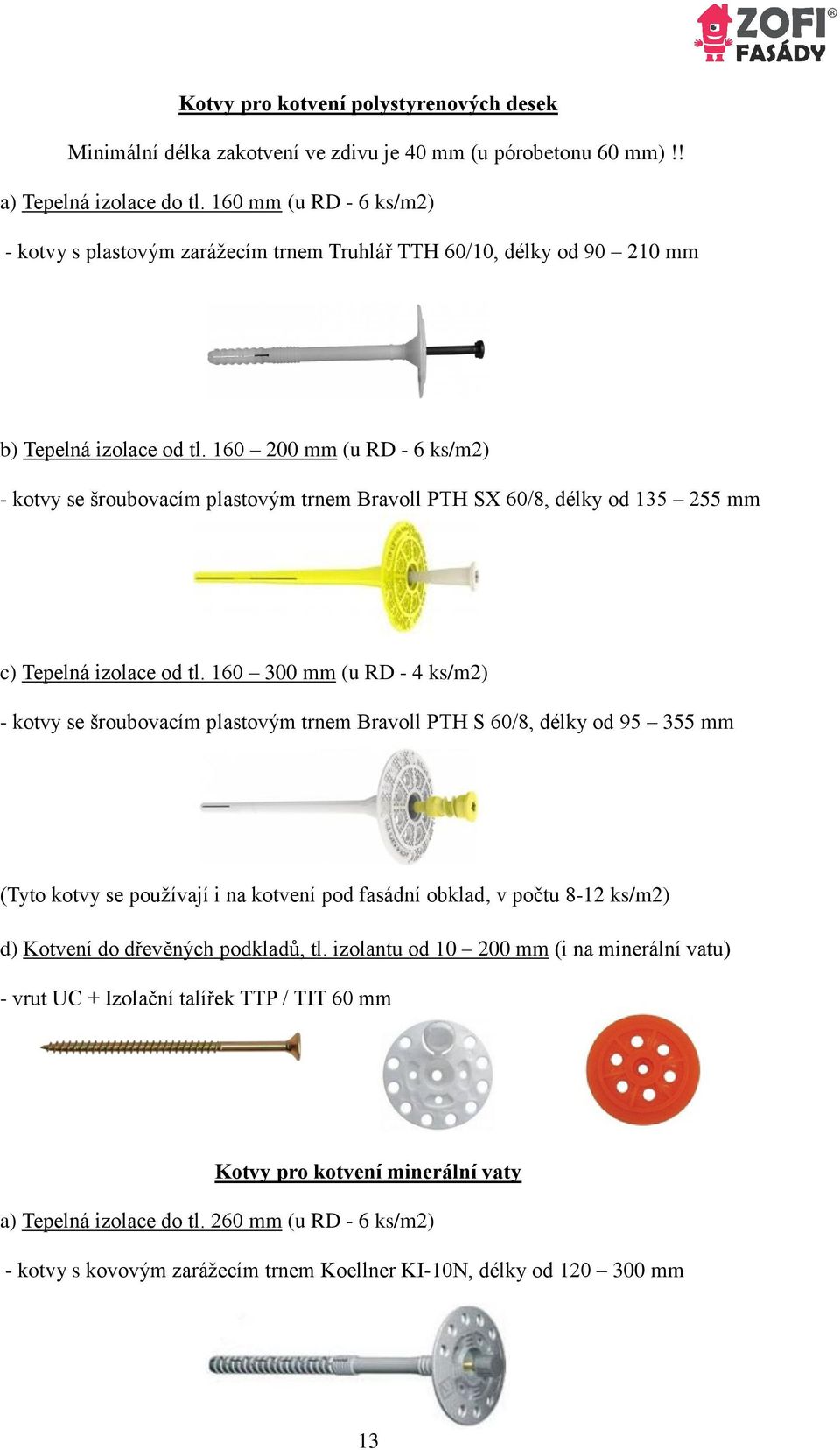 160 200 mm (u RD - 6 ks/m2) - kotvy se šroubovacím plastovým trnem Bravoll PTH SX 60/8, délky od 135 255 mm c) Tepelná izolace od tl.