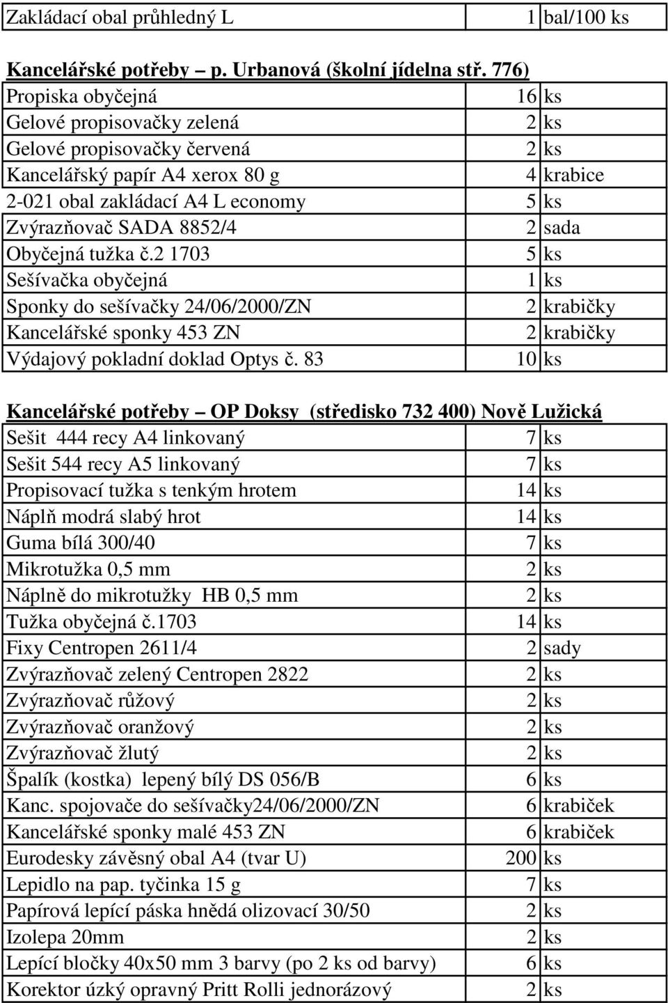 2 1703 Sešívačka obyčejná Sponky do sešívačky 24/06/2000/ZN Výdajový pokladní doklad Optys č.