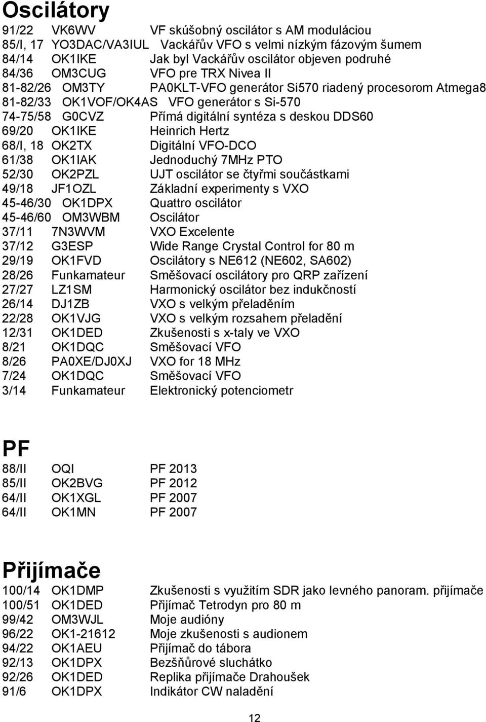 Heinrich Hertz 68/I, 18 OK2TX Digitální VFO-DCO 61/38 OK1IAK Jednoduchý 7MHz PTO 52/30 OK2PZL UJT oscilátor se čtyřmi součástkami 49/18 JF1OZL Základní experimenty s VXO 45-46/30 OK1DPX Quattro