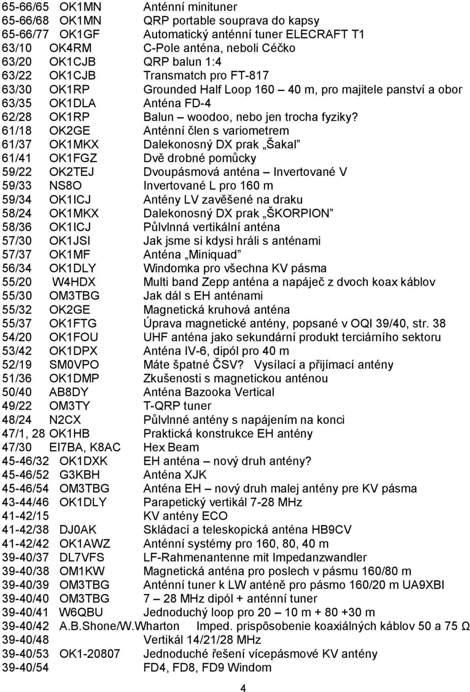 61/18 OK2GE Anténní člen s variometrem 61/37 OK1MKX Dalekonosný DX prak Šakal 61/41 OK1FGZ Dvě drobné pomůcky 59/22 OK2TEJ Dvoupásmová anténa Invertované V 59/33 NS8O Invertované L pro 160 m 59/34