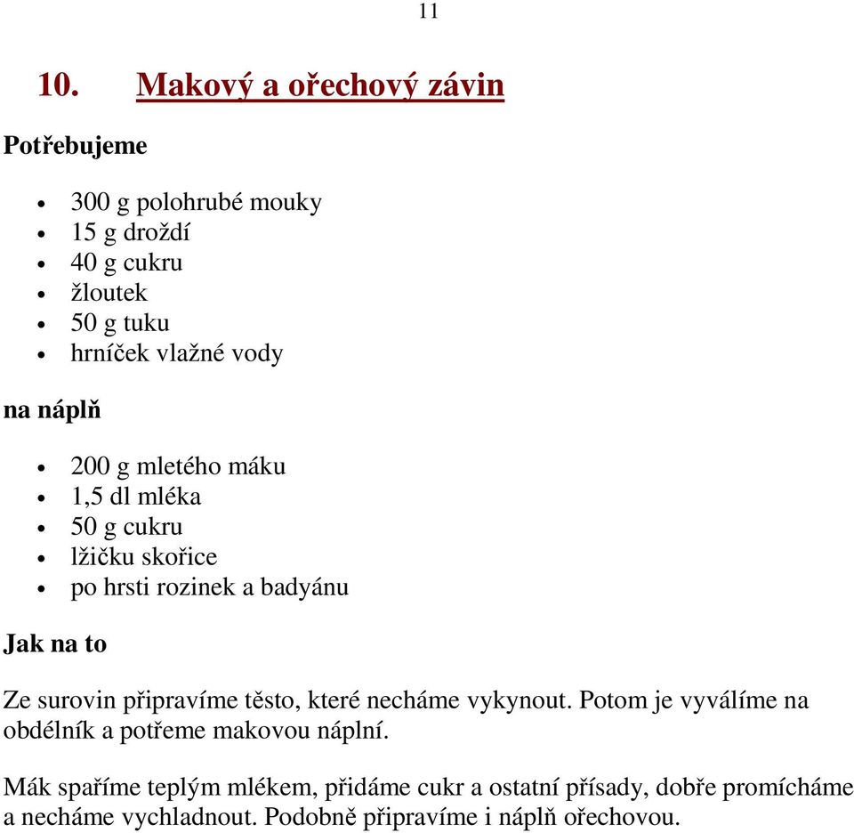 náplň 200 g mletého máku 1,5 dl mléka 50 g cukru lžičku skořice po hrsti rozinek a badyánu Ze surovin připravíme