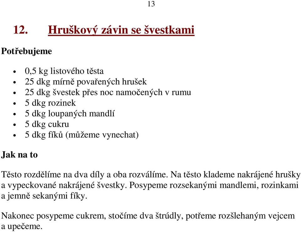 v rumu 5 dkg rozinek 5 dkg loupaných mandlí 5 dkg cukru 5 dkg fíků (můžeme vynechat) Těsto rozdělíme na dva díly a