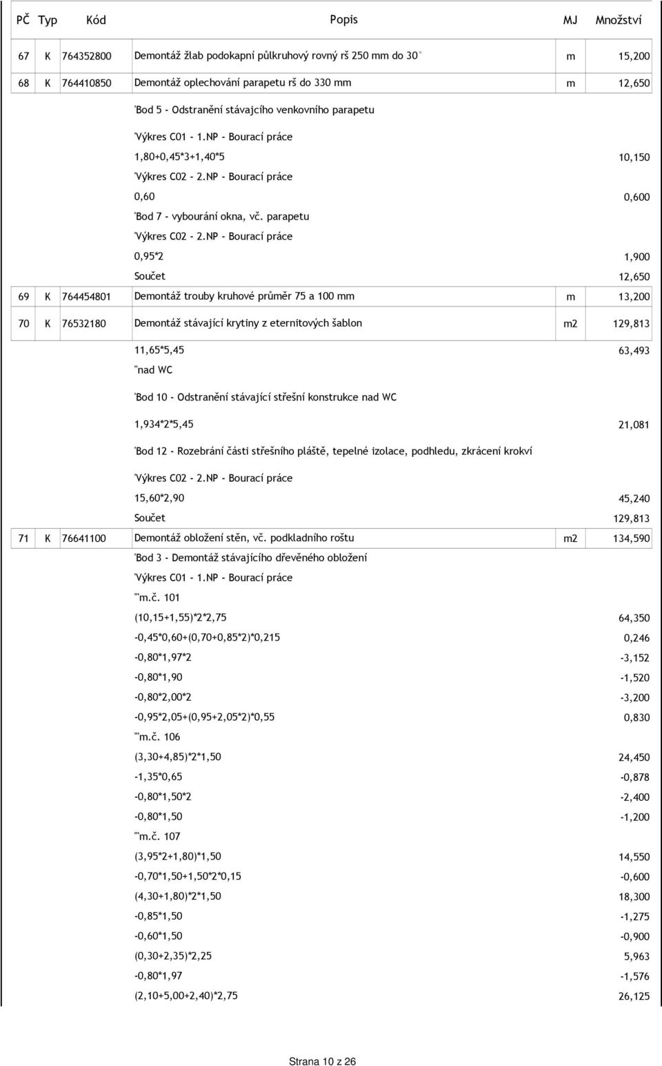 parapetu 0,600 0,95*2 1,900 12,650 69 K 764454801 Demontáž trouby kruhové průměr 75 a 100 mm m 13,200 70 K 76532180 Demontáž stávající krytiny z eternitových šablon m2 129,813 11,65*5,45 "nad WC