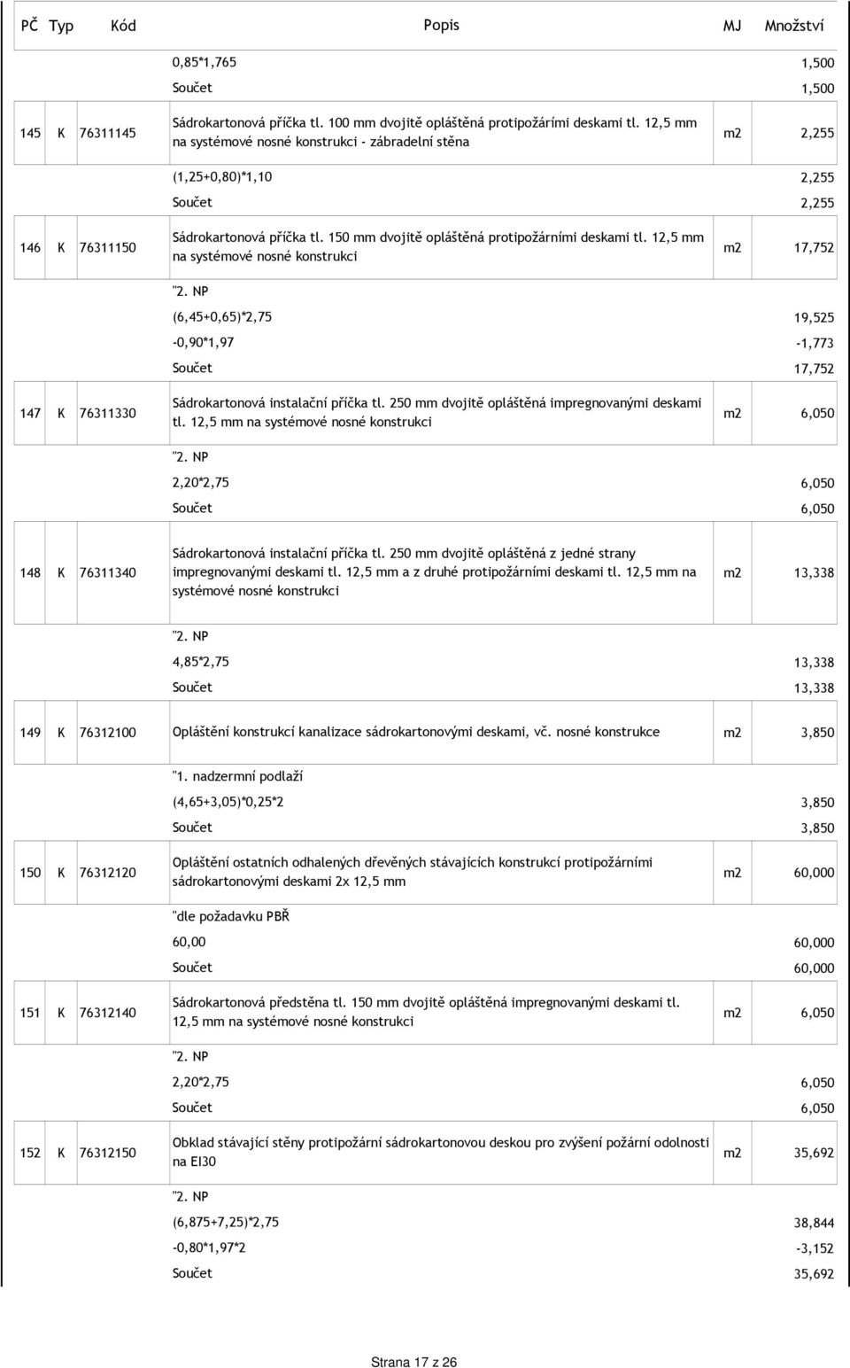 150 mm dvojitě opláštěná protipožárními deskami tl. 12,5 mm na systémové nosné konstrukci m2 17,752 "2.