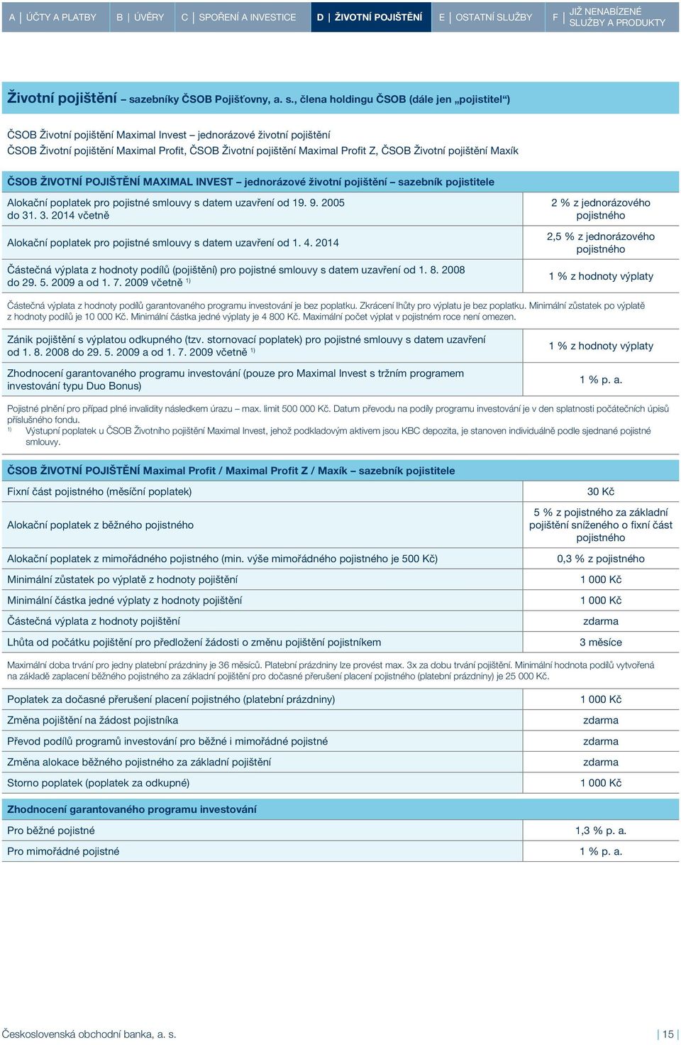 , člena holdingu ČSOB (dále jen pojistitel ) ČSOB Životní pojištění Maximal Invest jednorázové životní pojištění ČSOB Životní pojištění Maximal Profit, ČSOB Životní pojištění Maximal Profit Z, ČSOB