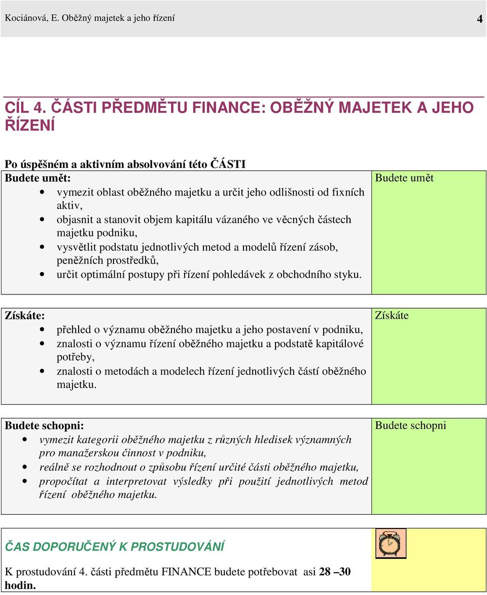 stanovit objem kapitálu vázaného ve věcných částech majetku podniku, vysvětlit podstatu jednotlivých metod a modelů řízení zásob, peněžních prostředků, určit optimální postupy při řízení pohledávek z