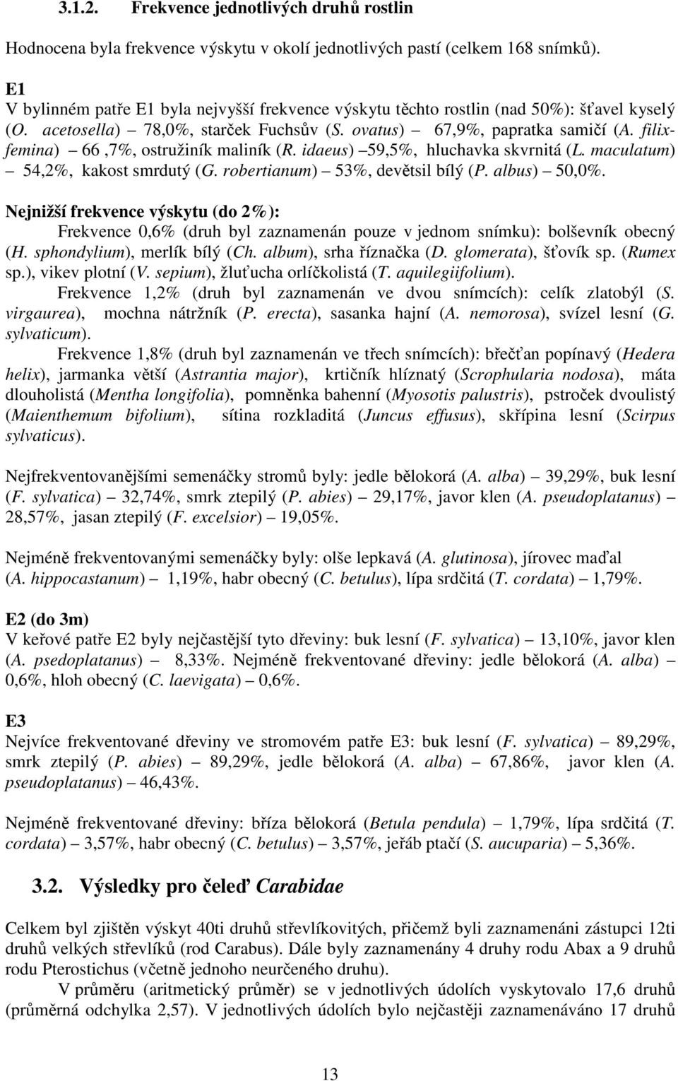 filixfemina) 66,7%, ostružiník maliník (R. idaeus) 59,5%, hluchavka skvrnitá (L. maculatum) 54,2%, kakost smrdutý (G. robertianum) 53%, devětsil bílý (P. albus) 50,0%.