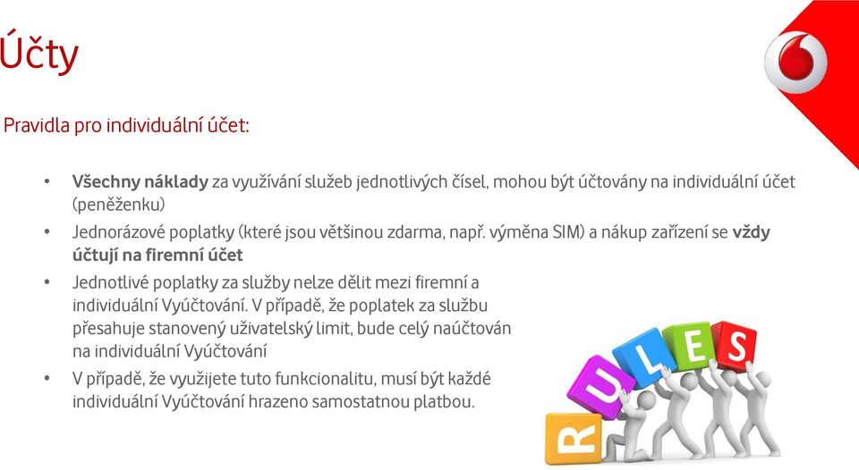 výměna SIM) a nákup zařízení se vždy účtují na firemní účet Jednotlivé poplatky za služby nelze dělit mezi firemní a individuální Vyúčtování.