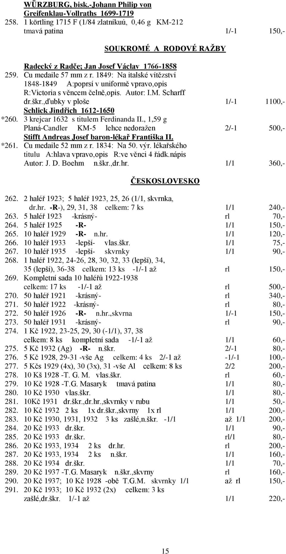 1849: Na italské vítězství 1848-1849 A:poprsí v uniformě vpravo,opis R:Victoria s věncem čelně,opis. Autor: I.M. Scharff dr.škr.,ďubky v ploše 1/-1 1100,- Schlick Jindřich 1612-1650 *260.