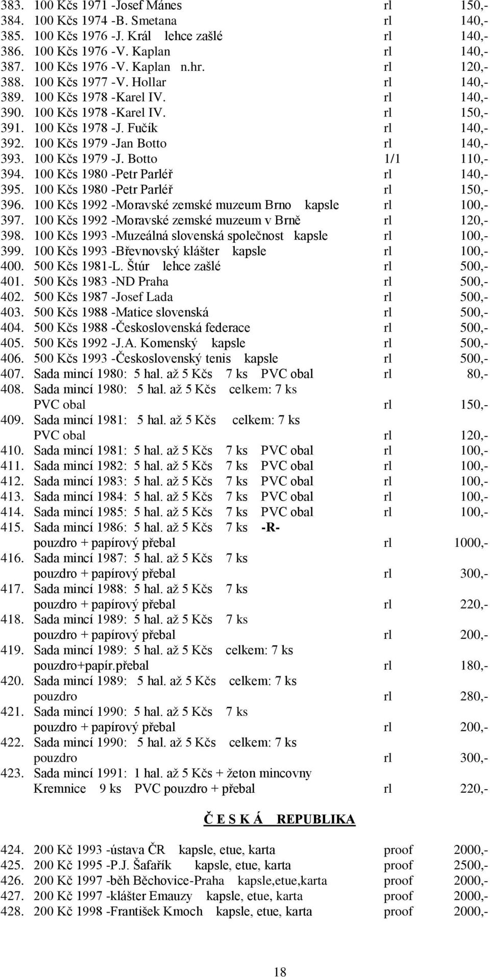 100 Kčs 1979 -Jan Botto rl 140,- 393. 100 Kčs 1979 -J. Botto 1/1 110,- 394. 100 Kčs 1980 -Petr Parléř rl 140,- 395. 100 Kčs 1980 -Petr Parléř rl 150,- 396.