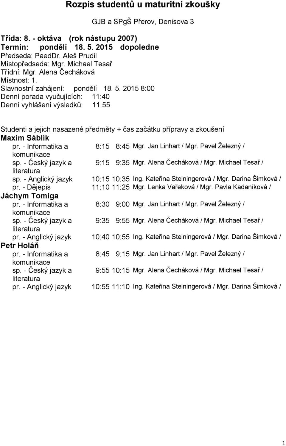 Pavla Kadaníková Jáchym Tomiga pr. - Informatika a 8:30 9:00 Mgr. Jan Linhart Mgr. Pavel Železný komunikace sp. - Český jazyk a 9:35 9:55 Mgr. Alena Čecháková Mgr. Michael Tesař pr.