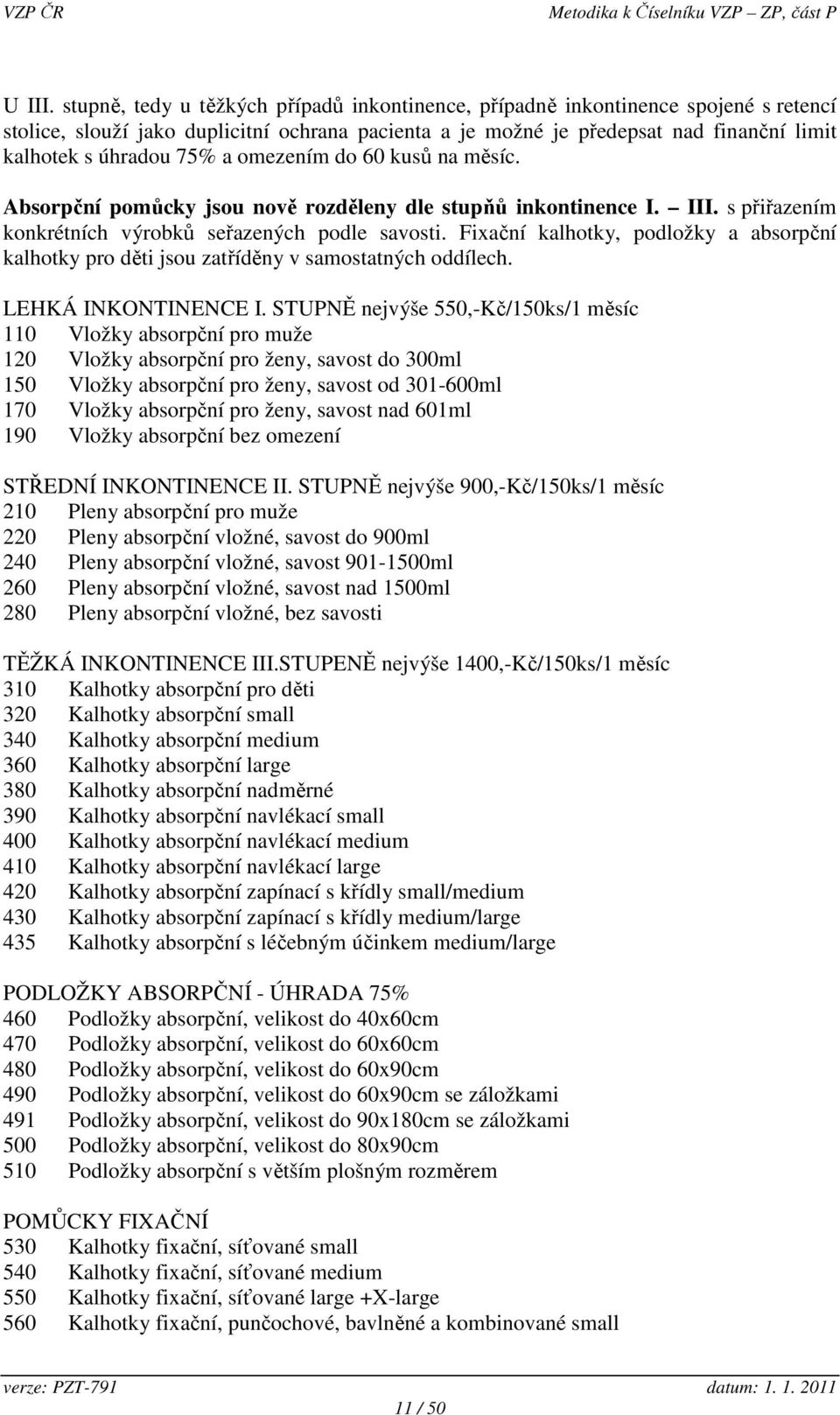 a omezením do 60 kusů na měsíc. Absorpční pomůcky jsou nově rozděleny dle stupňů inkontinence I. III. s přiřazením konkrétních výrobků seřazených podle savosti.