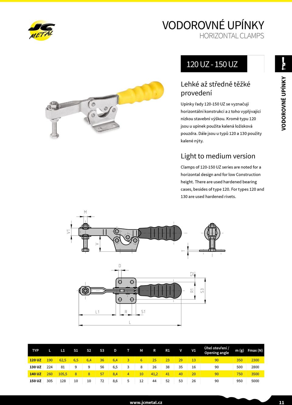 VODOROVNÉ UPÍNKY Light to medium version Clamps of 120-150 UZ series are noted for a horizontal design and for low Construction height. There are used hardened bearing cases, besides of type 120.