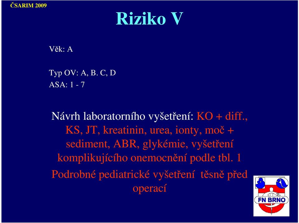 , KS, JT, kreatinin, urea, ionty, moč + sediment, ABR,