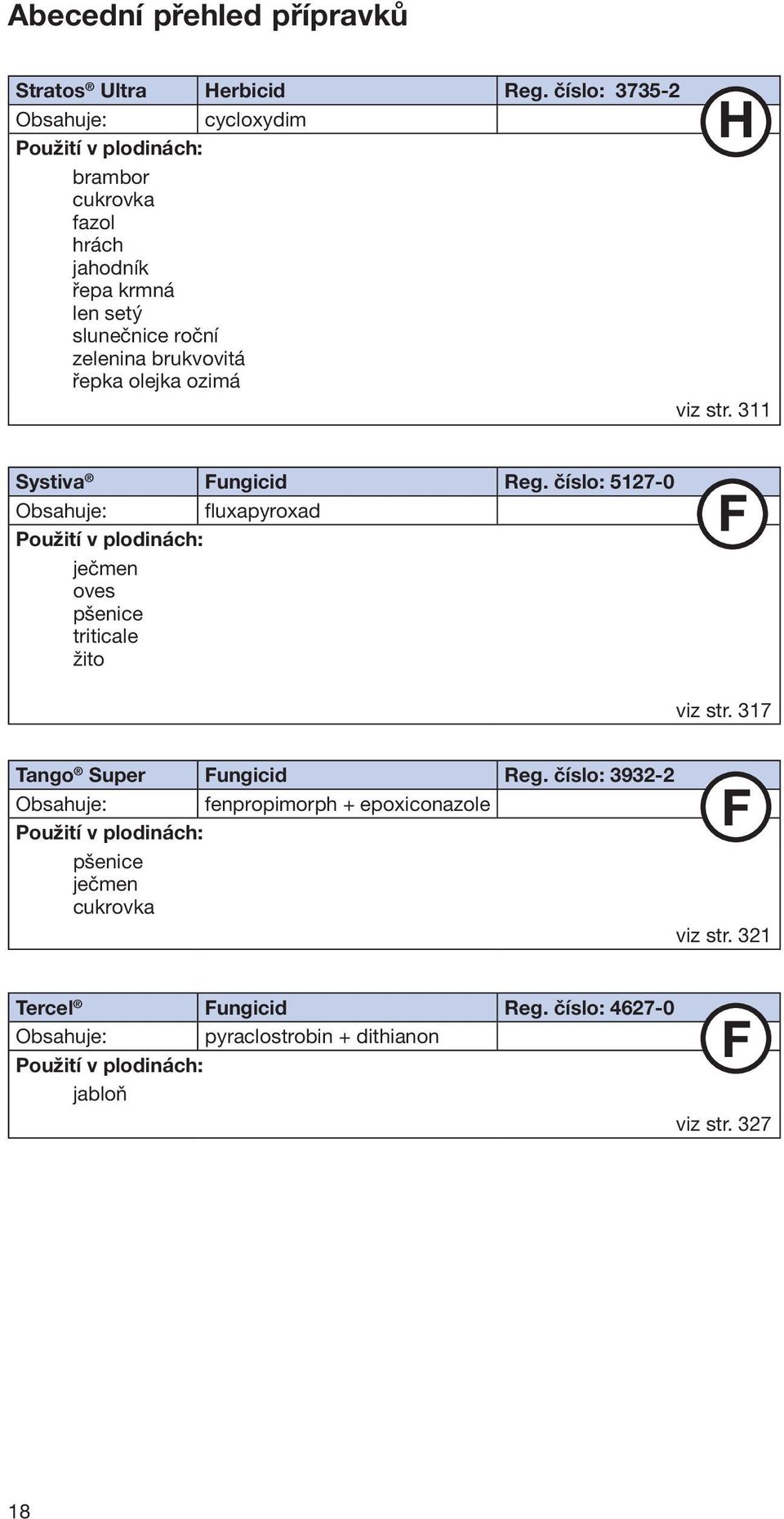 řepka olejka ozimá viz str. 311 Systiva Fungicid Reg. číslo: 5127-0 Obsahuje: fluxapyroxad Použití v plodinách: ječmen oves pšenice triticale žito F viz str.