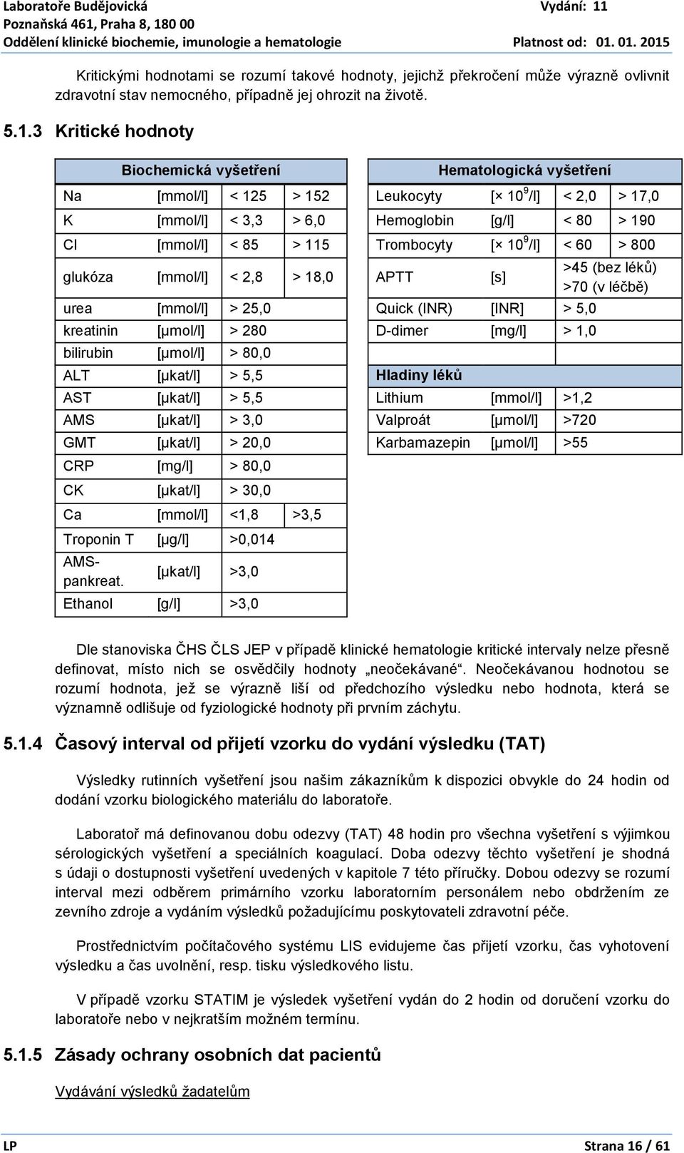 Trombocyty [ 10 9 /l] < 60 > 800 glukóza [mmol/l] < 2,8 > 18,0 APTT [s] urea [mmol/l] > 25,0 Quick (INR) [INR] > 5,0 kreatinin [µmol/l] > 280 D-dimer [mg/l] > 1,0 bilirubin [µmol/l] > 80,0 ALT