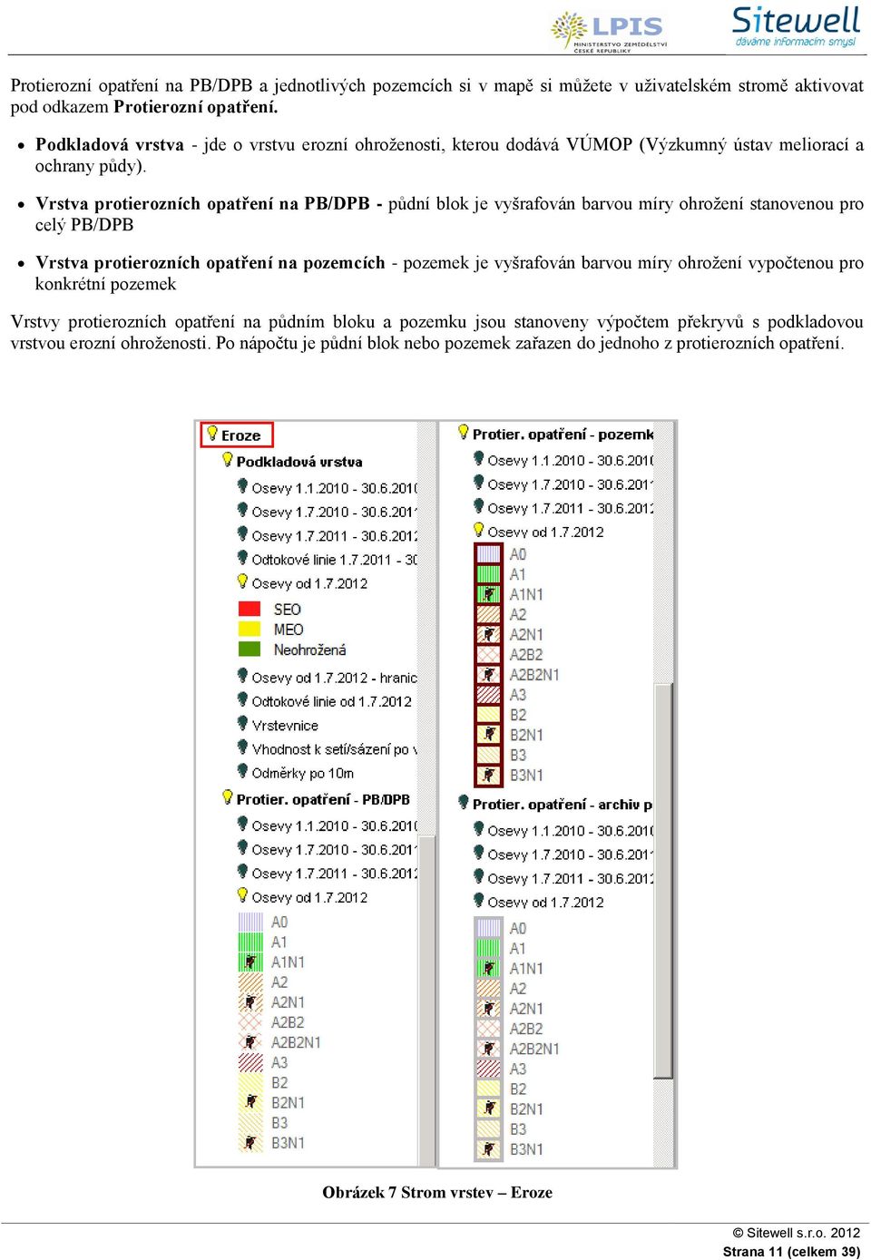 Vrstva protierozních opatření na PB/DPB - půdní blok je vyšrafován barvou míry ohrožení stanovenou pro celý PB/DPB Vrstva protierozních opatření na pozemcích - pozemek je vyšrafován barvou