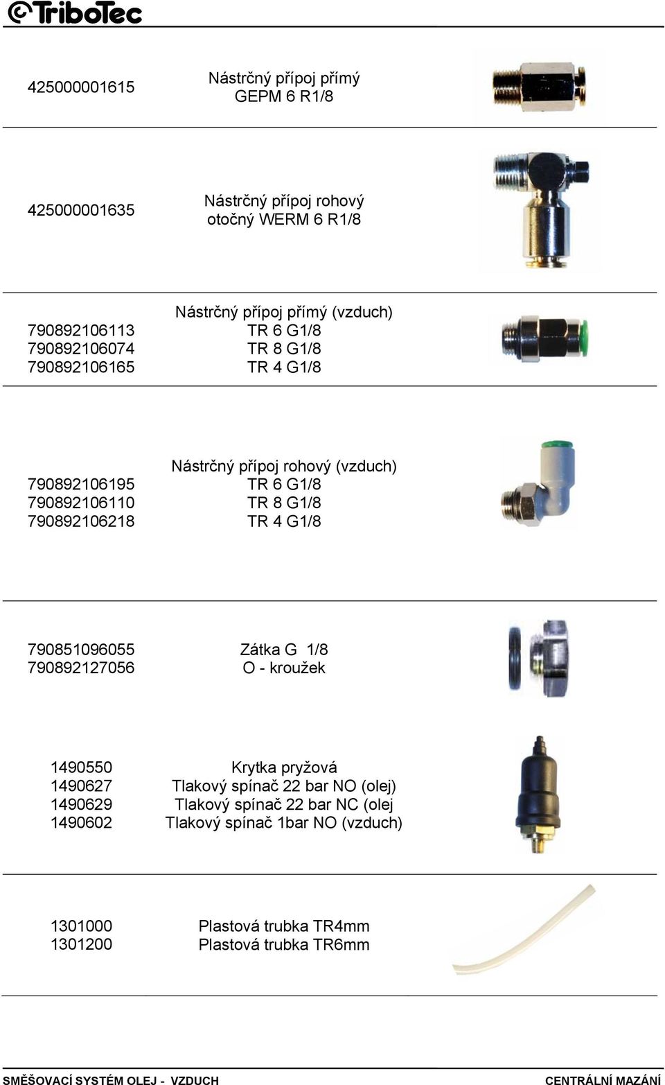 (vzduch) TR 6 G1/8 TR 8 G1/8 TR 4 G1/8 790851096055 790892127056 Zátka G 1/8 O - kroužek 1490550 1490627 1490629 1490602 Krytka pryžová