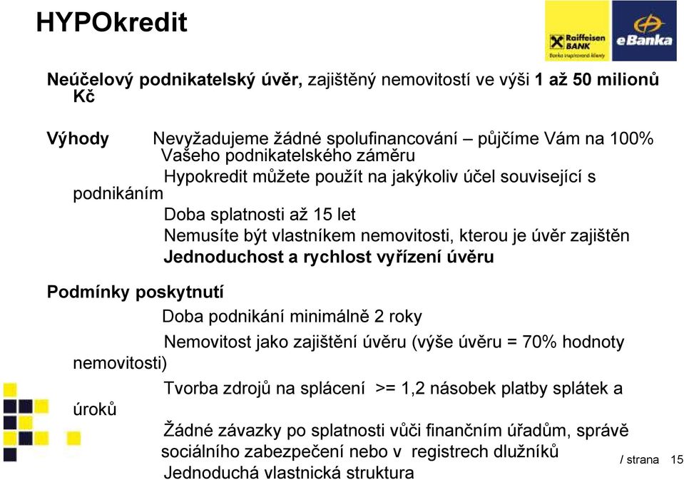 rychlost vyřízení úvěru Podmínky poskytnutí Doba podnikání minimálně 2 roky Nemovitost jako zajištění úvěru (výše úvěru = 70% hodnoty nemovitosti) úroků Tvorba zdrojů na splácení