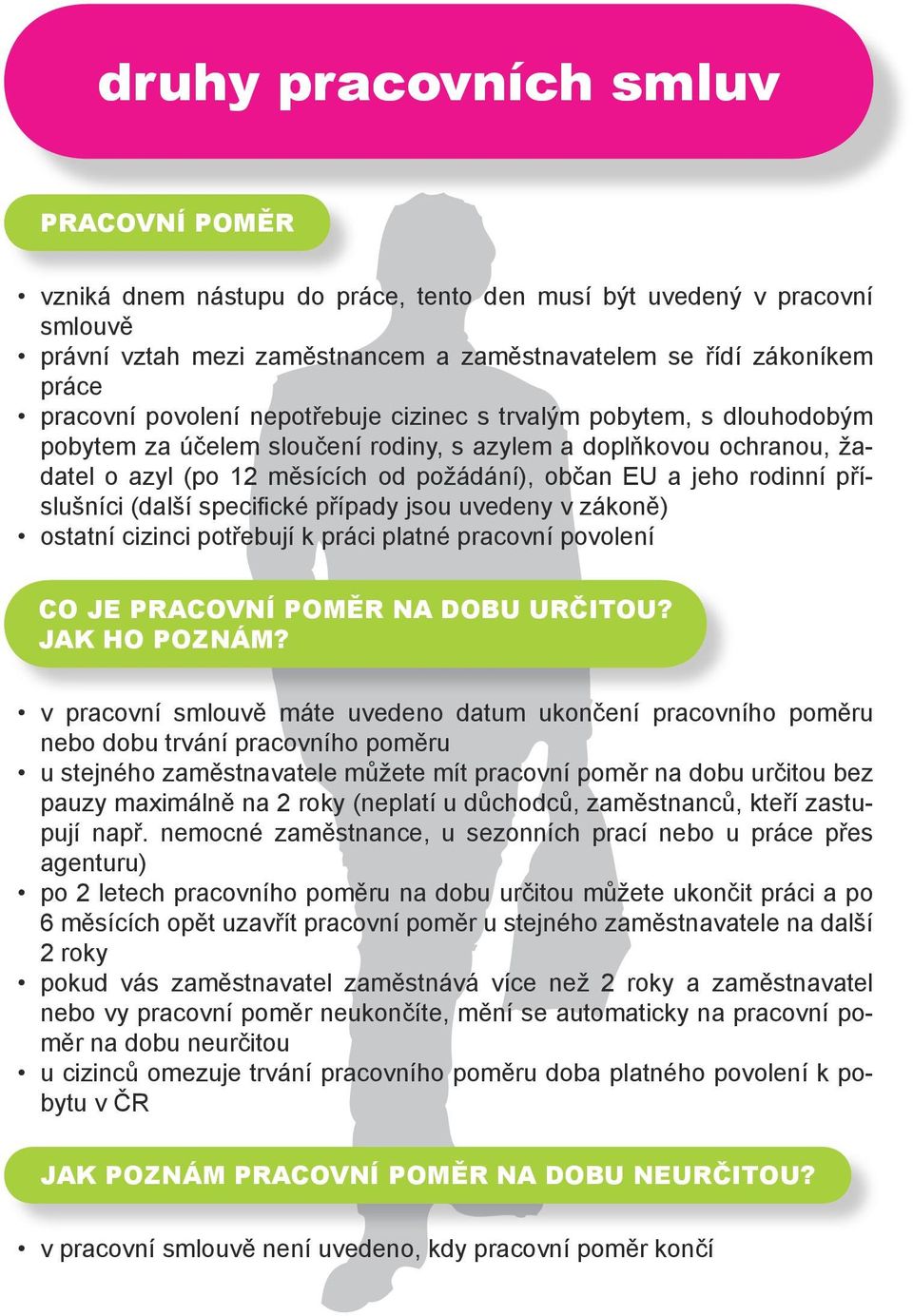 příslušníci (další specifické případy jsou uvedeny v zákoně) ostatní cizinci potřebují k práci platné pracovní povolení CO JE PRACOVNÍ POMĚR NA DOBU URČITOU JAK HO POZNÁM v pracovní smlouvě máte