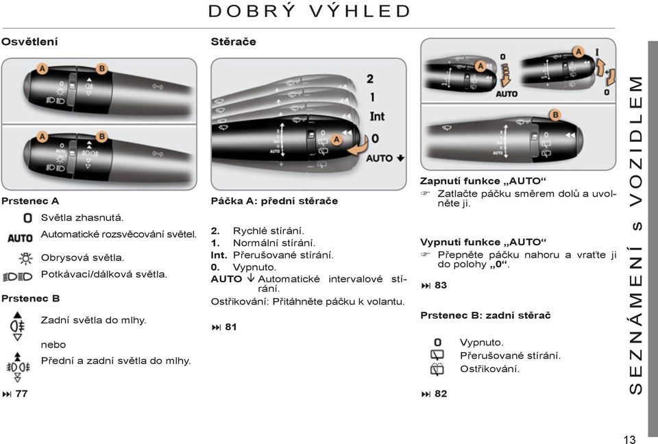 Přerušované stírání. 0. Vypnuto. AUTO Automatické intervalové stírání. Ostřikování: Přitáhněte páčku k volantu.