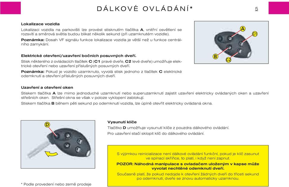 Stisk nìkterého z ovládacích tlaèítek C (C1 pravé dveøe, C2 levé dveøe) umožòuje elektrické otevøení nebo uzavøení pøíslušných posuvných dveøí.