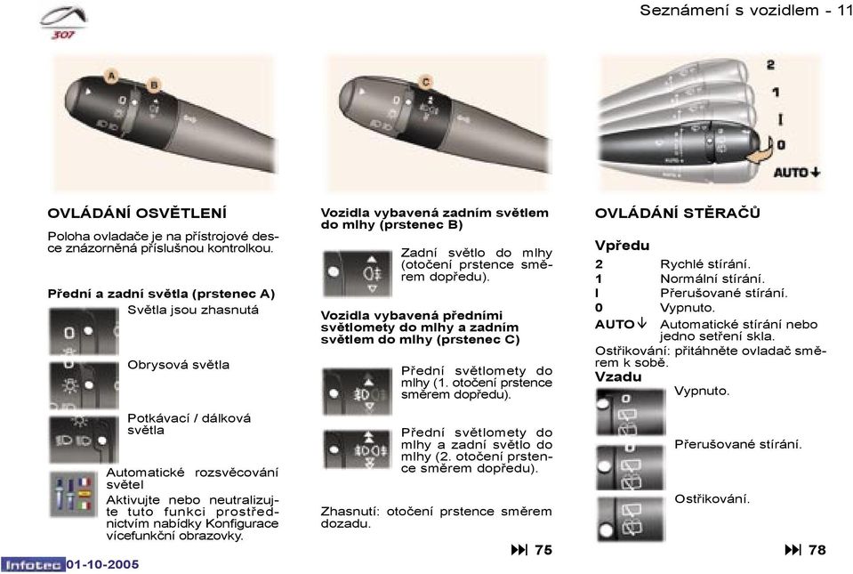 Konfigurace vícefunkční obrazovky. Vozidla vybavená zadním světlem do mlhy (prstenec B) Zadní světlo do mlhy (otočení prstence směrem dopředu).