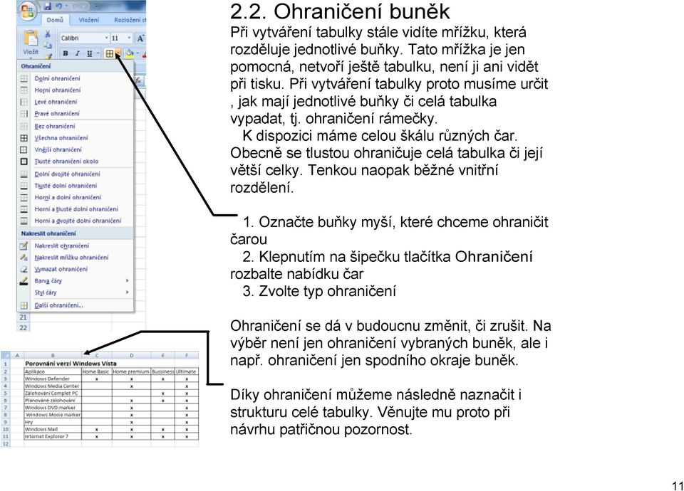 Obecně se tlustou ohraničuje celá tabulka či její větší celky. Tenkou naopak běžné vnitřní rozdělení. 1. Označte buňky myší, které chceme ohraničit čarou 2.