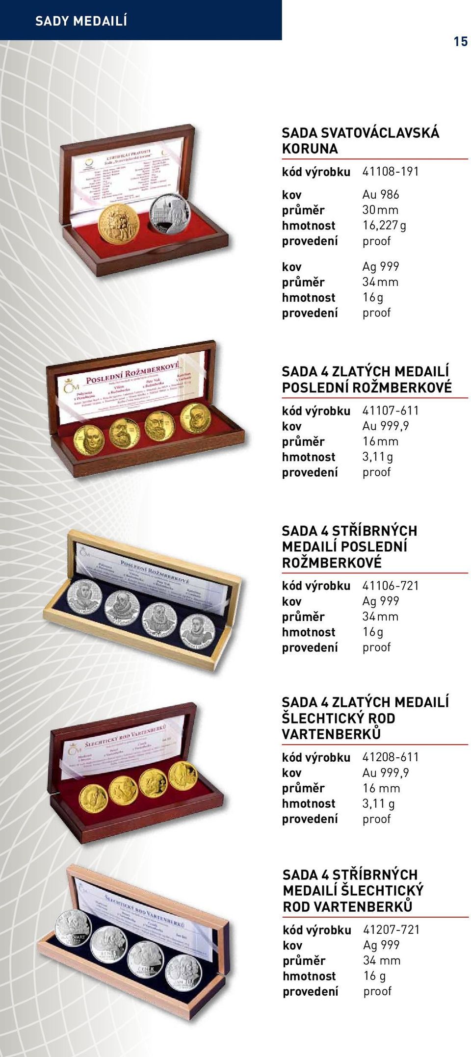 Rožmberkové kód výrobku 41106-721 průměr 34 mm hmotnost 16 g Sada 4 zlatých medailí Šlechtický rod Vartenberků kód výrobku