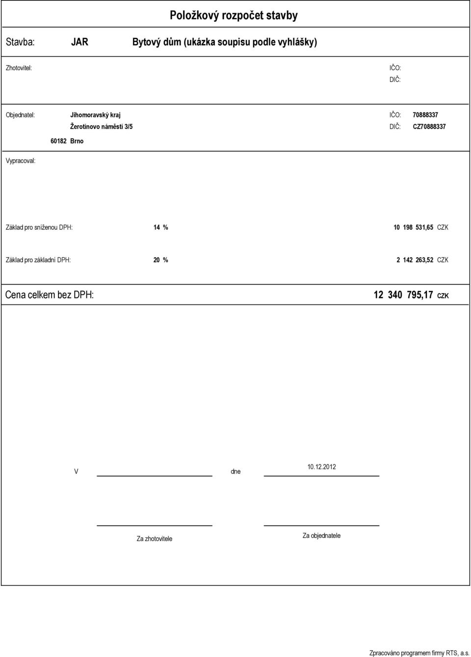 sníženou DPH: 14 % 10 198 531,65 CZK Základ pro základní DPH: 20 % 2 142 263,52 CZK